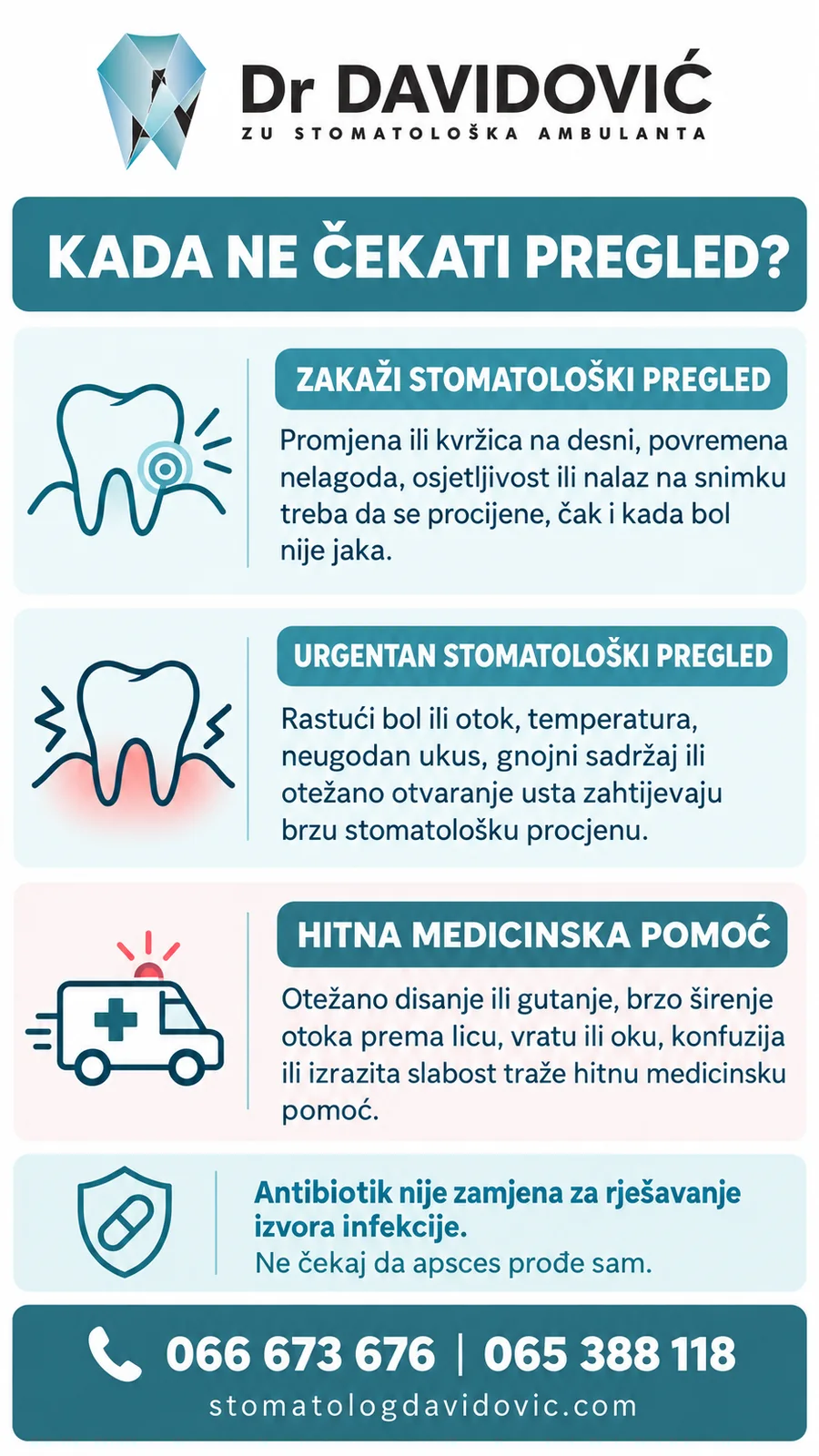 Znaci dentalne infekcije zbog kojih je potreban urgentni stomatolo&scaron;ki pregled ili hitna medicinska pomoć.